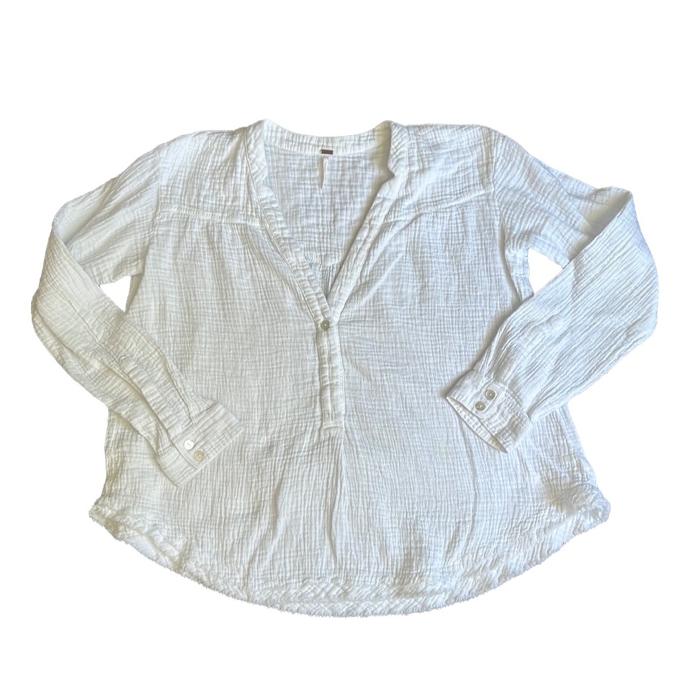 Free People Boho Brushed White Long Sleeved V-Neck 100%Cotton Tunic Top